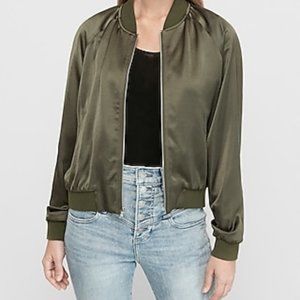 Express Olive Green Satin Bomber Jacket